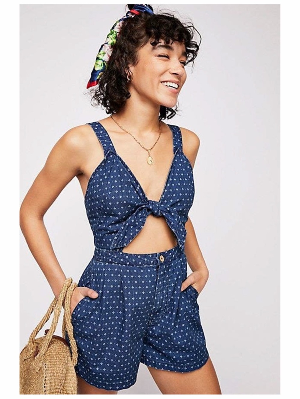 Free People Take Me Somewhere Chambray Denim Tie-Front Romper in Indigo